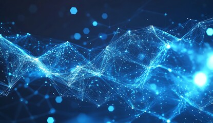 Abstract blue background with waves and glowing hexagons, representing digital technology, science, or energy concepts.