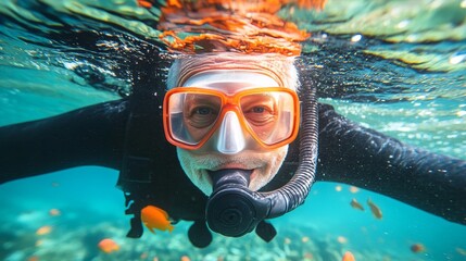 Naklejka premium Senior explores colorful coral reef, enjoying underwater adventure with snorkel gear.