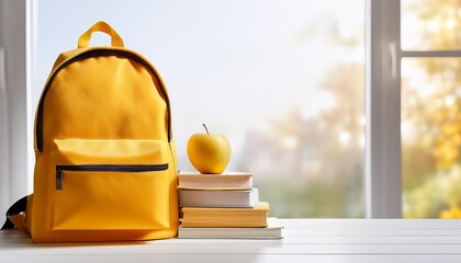 Yellow School Backpack with Books on White Table. Back to School Concept. Natural Daylight From a Windows. Banner with Copy Space.