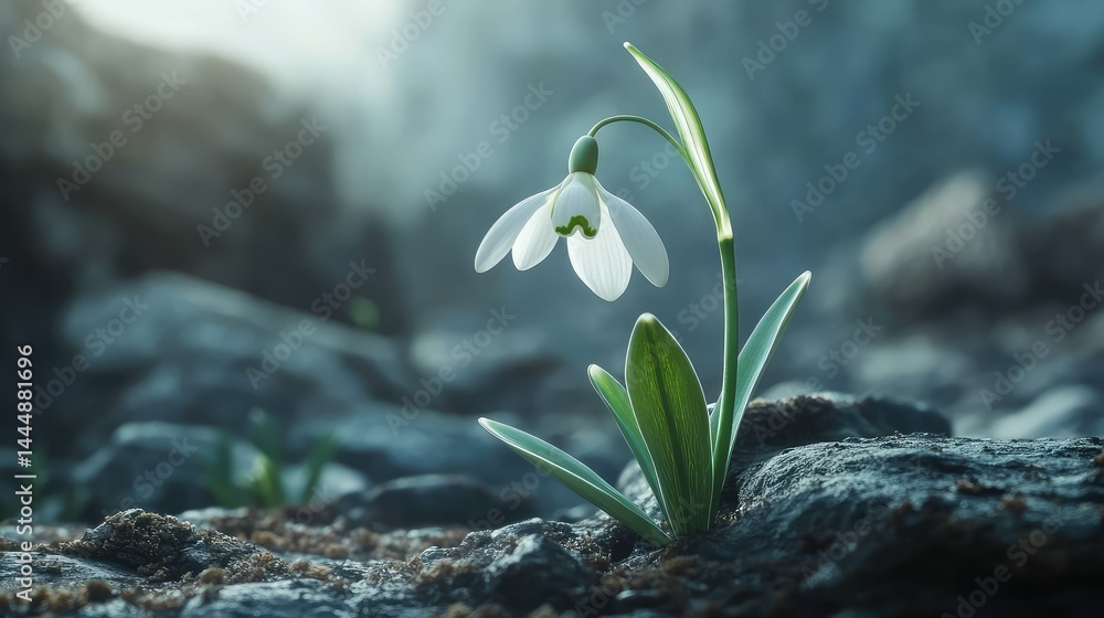 Poster delicate snowdrop flower emerging from stone in a soft focused natural setting captured in springtim
