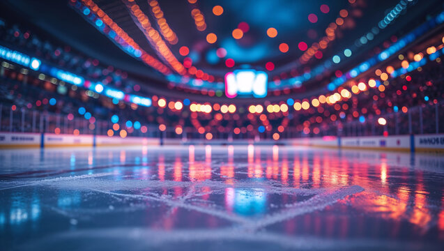 An atmospheric shot captures the vibrant lights reflecting on the ice of a hockey arena at night.