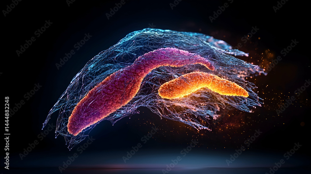 Poster an abstract biological or scientific visualization. it depicts intricate structures with vibrant col