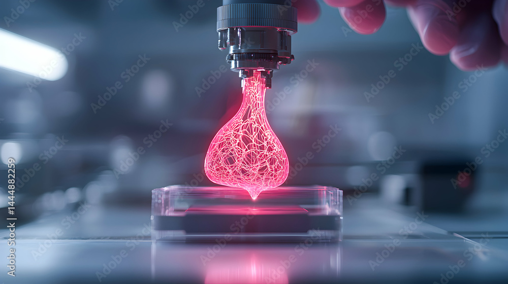 Poster a scientific image shows a biological structure lit by a red laser and encased in a clear container.