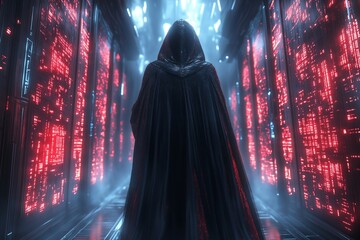A cloaked person walks down a foggy corridor lined with bright red data screens and blue light above