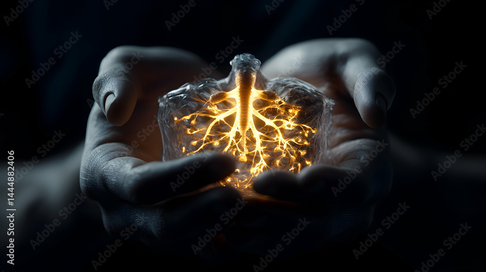 Poster hands cradle a glowing anatomical structure. it suggests a representation of interconnected systems.