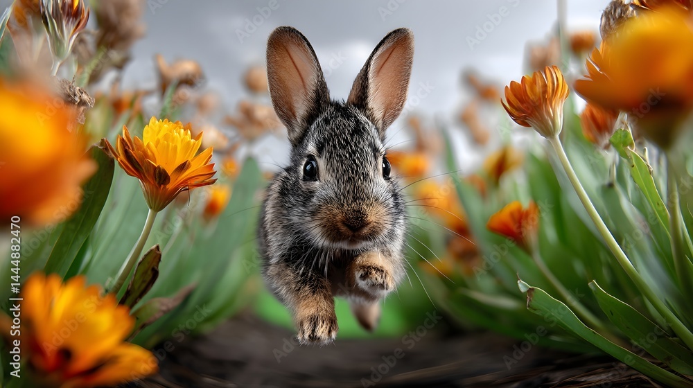 Poster tiny rabbit hopping through a colorful field of flowers in a joyful springtime setting