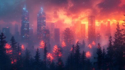 Obraz premium Cityscape silhouette with glowing skyline seen through a pine forest at night, warm colors evoke a sense of wonder on a transparent background, PNG image, PNG file.