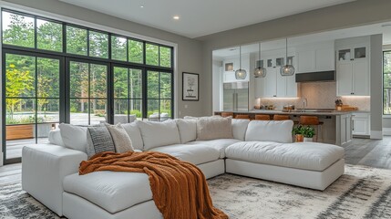 Modern Farmhouse Living Room with Open Kitchen and  Expansive Windows Overlooking Lush Greenery