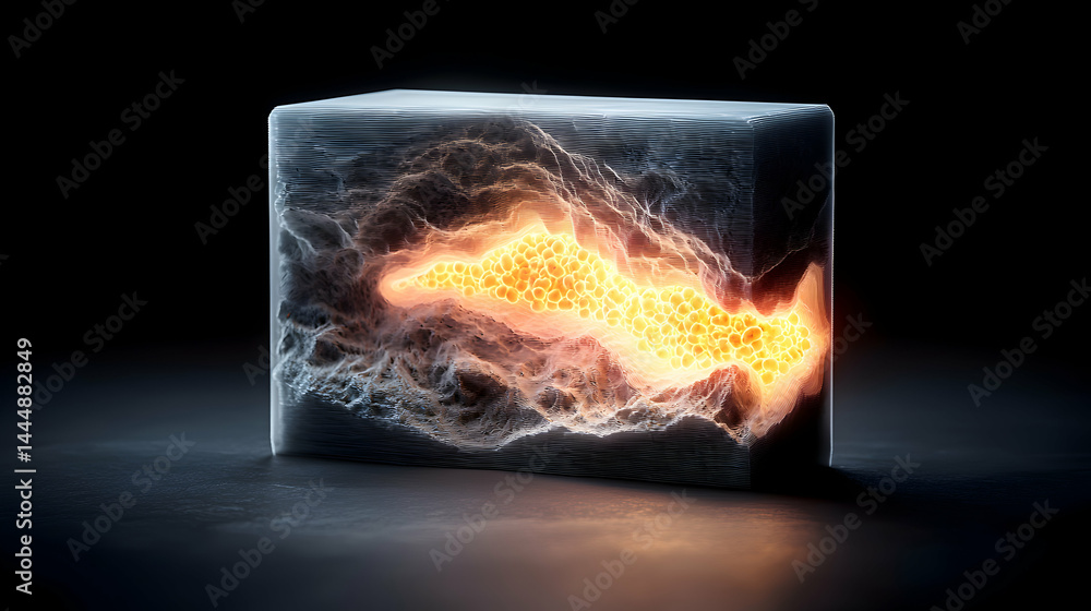 Poster a glowing abstract cube with an internal structure suggesting a digital representation of heat energ