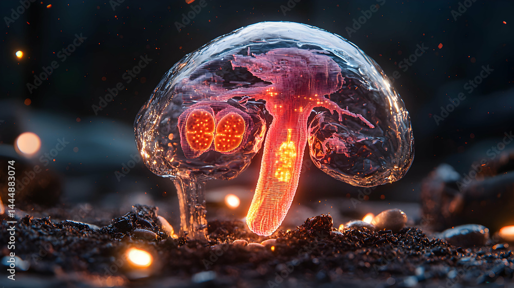 Aufkleber a bioluminescent mushroom design with glowing internal structures emerging from dark soil with a mys