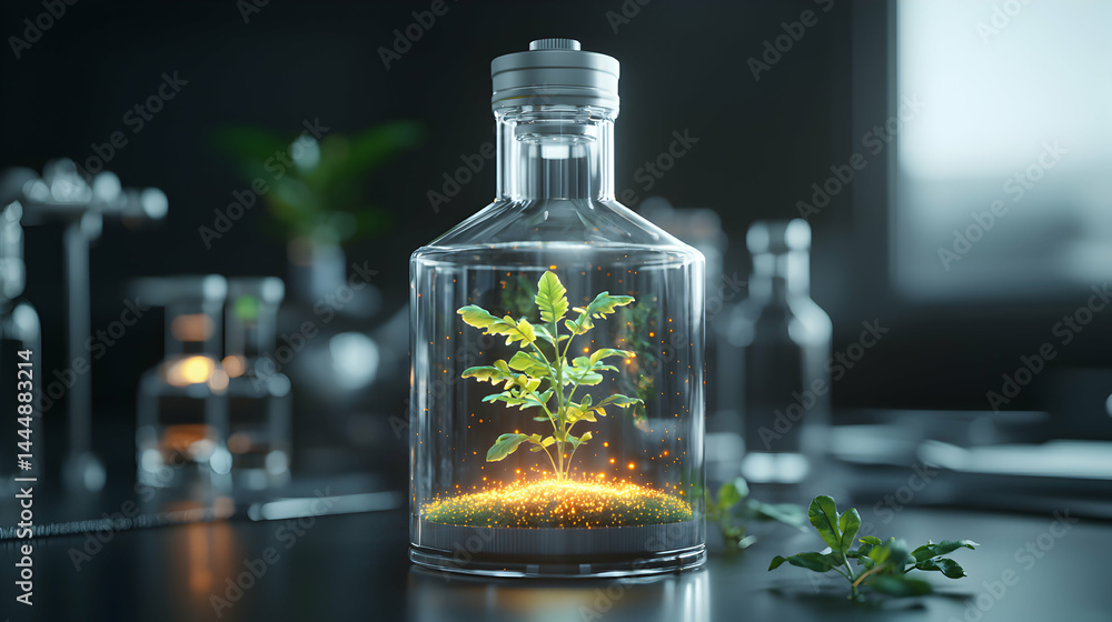 Poster a plant grows inside a lab flask a unique concept of biotechnology innovation symbolizing growth and