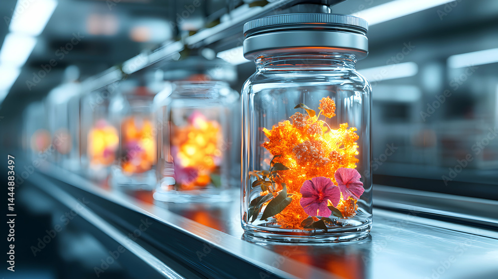 Poster vials filled with glowing floral elements move along an assembly line creating a futuristic sci-fi a