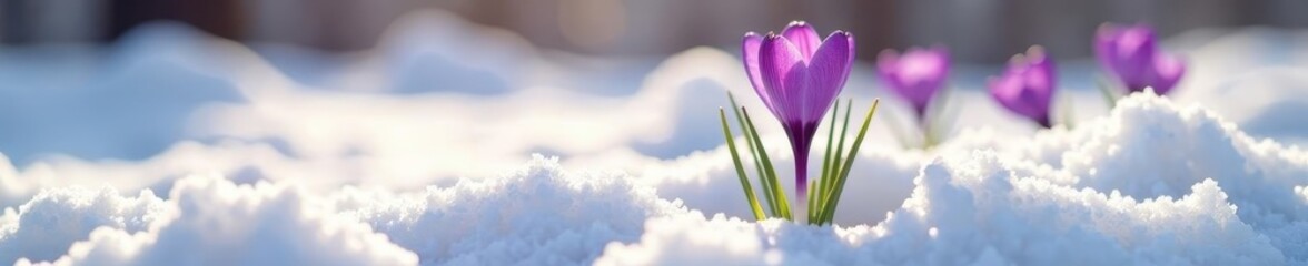 Delicate purple crocus pushing through receding snowdrift, bright sunlight , snow, sunlight