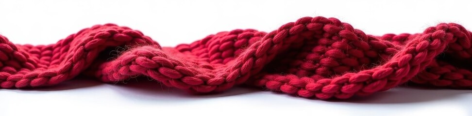 Deep crimson knitted scarf against pure white backdrop , knitted, crimson