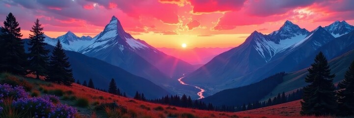 Crimson sunset, snow-capped peaks, tranquil valley, fall foliage, peaks