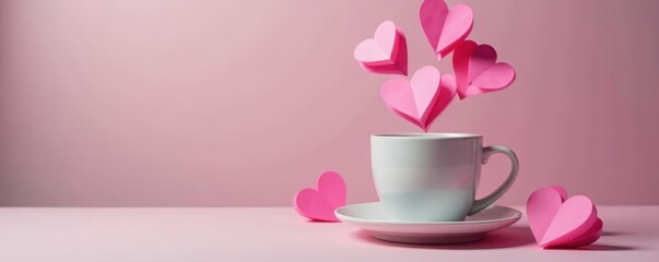 Ceramic mug brimming with levitating pink paper hearts, cup, paper