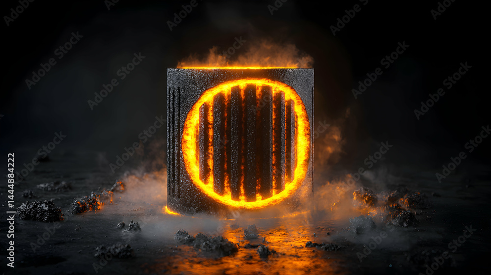 Poster a glowing cube of intense heat radiating in a dark environment. suitable for futuristic or sci-fi ar