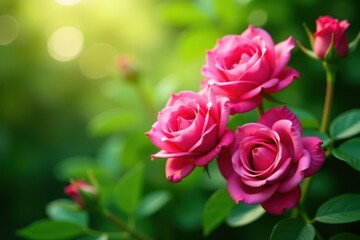 Vibrant pink roses, lush greenery, bright light, floral design, texture, nature