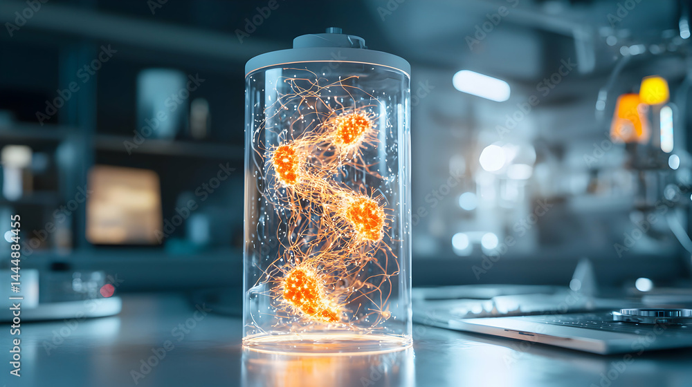 Poster an artistic visualization of a battery's internal activity. this could be used for educational conte