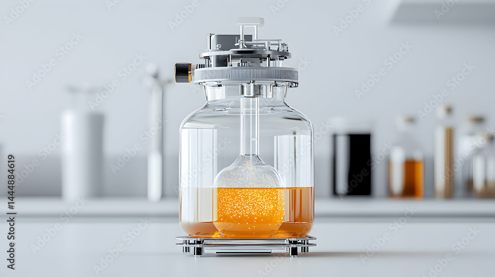Poster a laboratory flask with an intricate top and a liquid inside displays a scientific setup. it is suit
