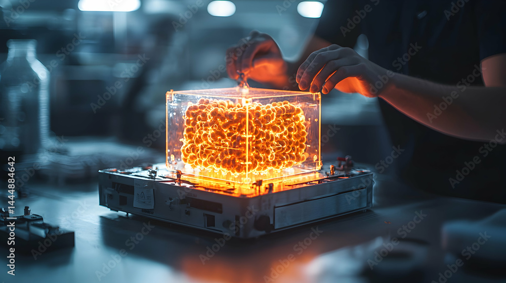 Aufkleber a futuristic laboratory scene featuring a glowing brain-like object encased in a transparent cube. r