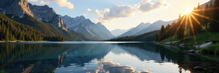 Sunlit West Tensleep Lake, Wyoming's rugged peaks reflect in tranquil water , west, wild