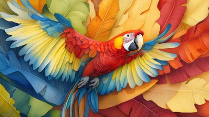 Obraz premium Scarlet Macaw Soaring Tropical Paradise.