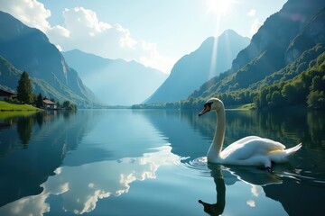 Sunny morning, swan glides on calm Altausseer See Austrian Alps reflect in tranquil water , Austria, graceful, white