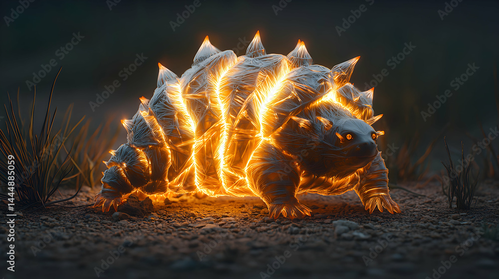 Poster an illuminated creature with a spiky shell and glowing aura on a stony ground. it is like a mythical