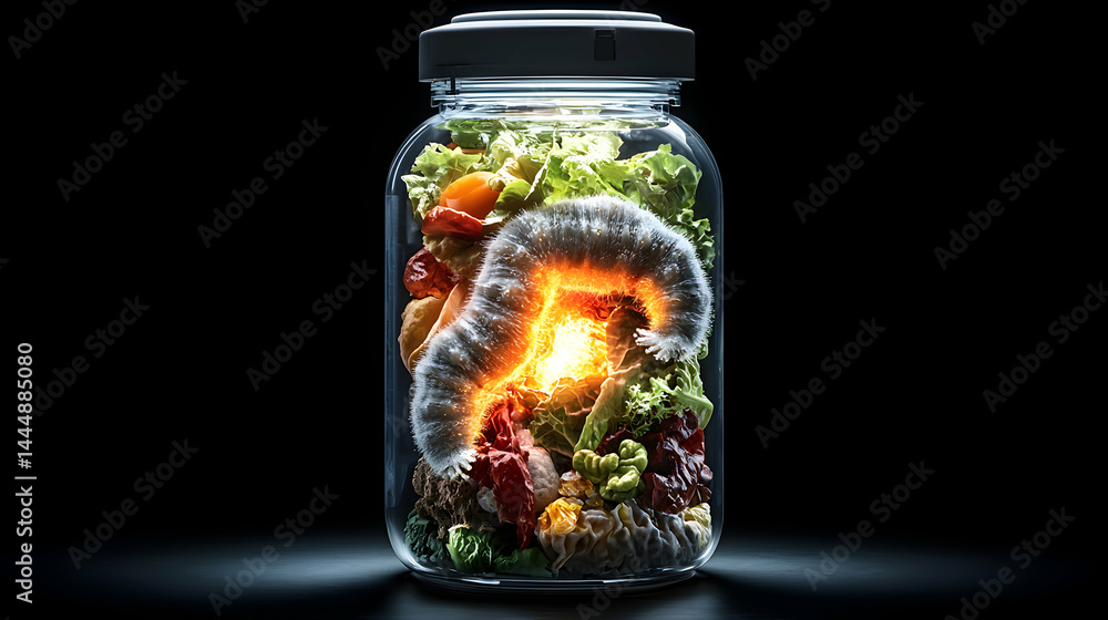 Poster a surreal jar filled with vegetables and a glowing worm. it could symbolize the complex processes of