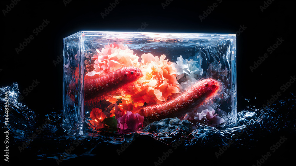 Poster a surreal composition featuring a transparent cube with worms and flowers. suggests themes of preser