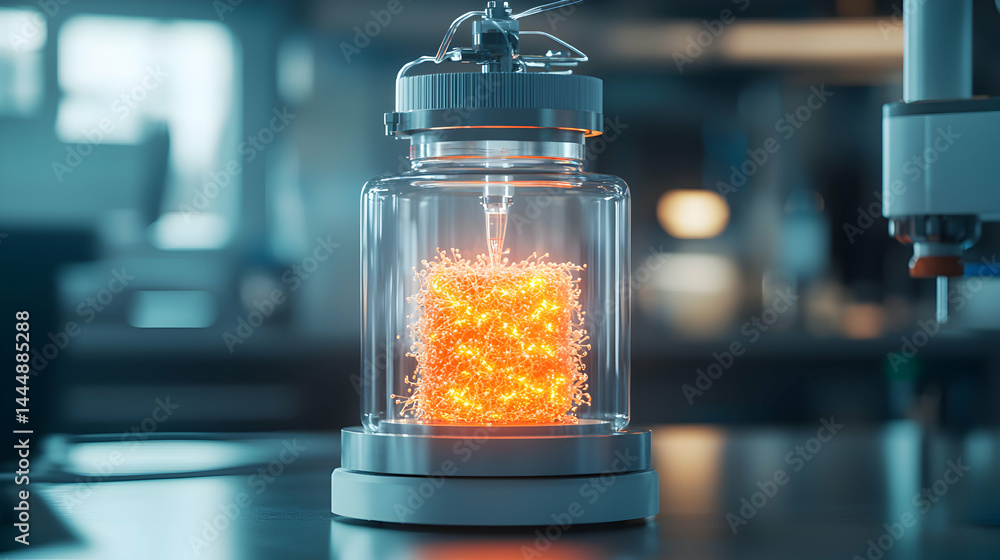 Poster a glowing cube of complex material sits inside a glass container in a lab. this suggests advanced sc