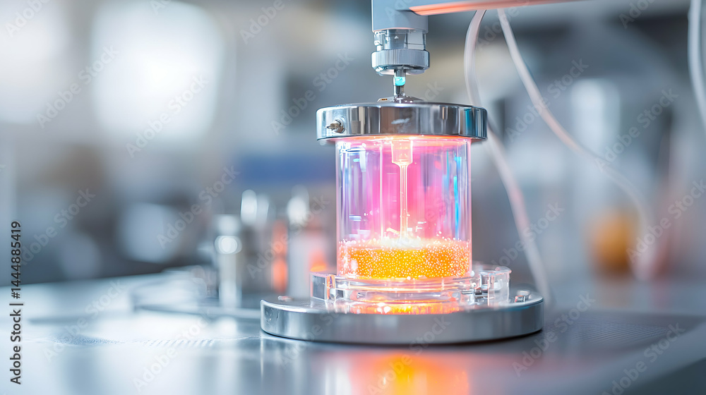 Poster a close-up shot of laboratory equipment with a glowing center. potential applications include scient