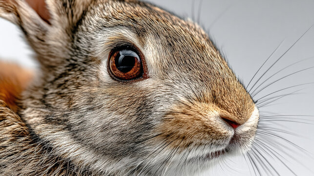 Close-up Portrait of a Rabbit: A captivating close-up portrait of a brown rabbit with long, white whiskers and inquisitive brown eyes.