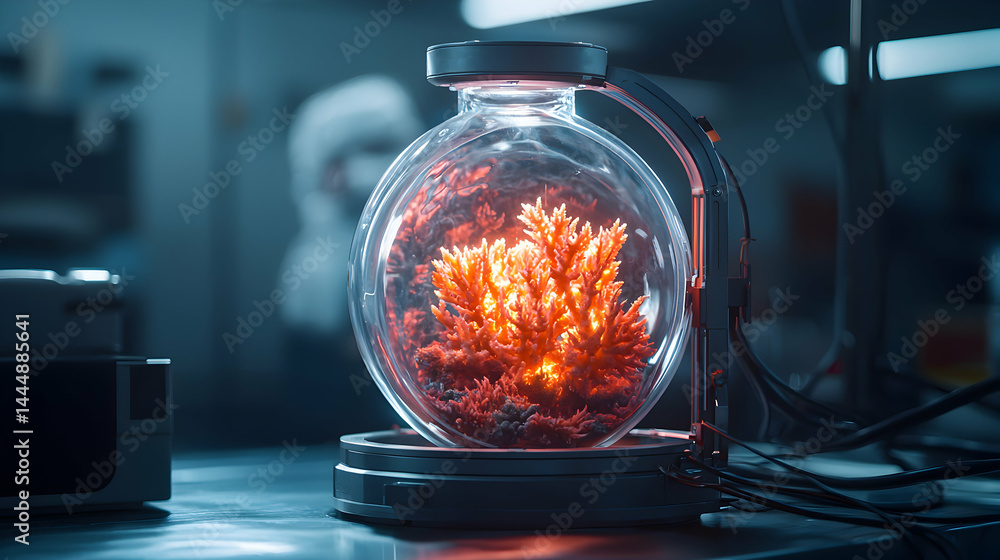Poster a futuristic lab scene showcases a coral specimen in a spherical container with intricate support st