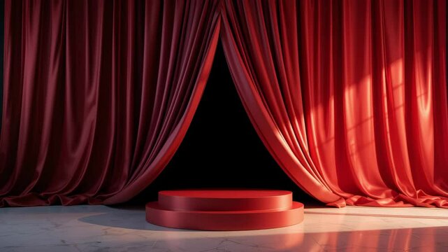 Elegant Red Stage Setting with Draped Curtains and Podium for Product Display