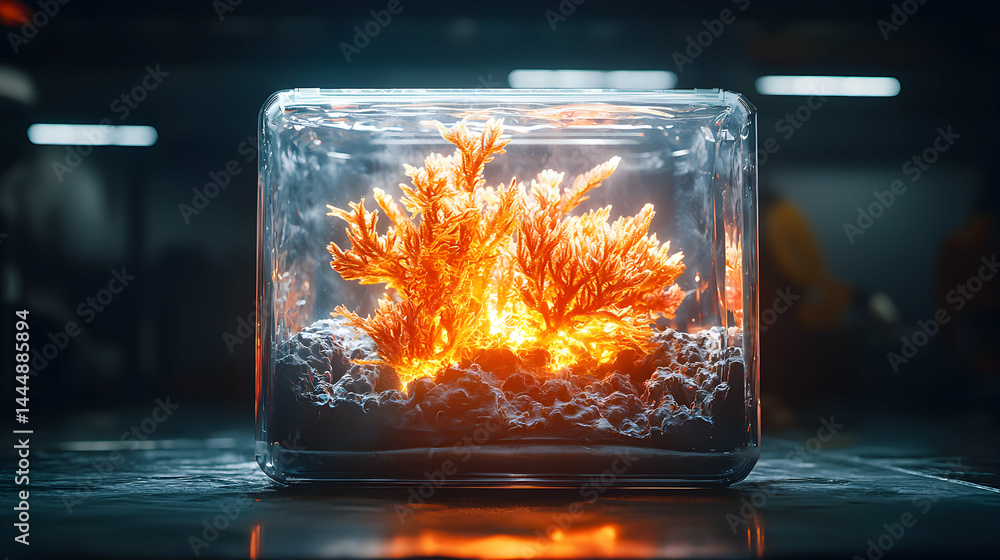 Poster a glowing coral-like structure contained within a glass cube. perfect for science fiction or futuris
