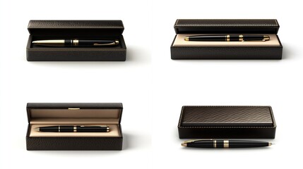 Four views of a luxury pen in a black leather gift box, isolated on white.