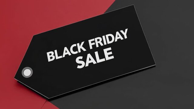 Multiple black tags with black friday sale written in white letters lie on a split red and black background, creating a bold visual representation of the shopping event