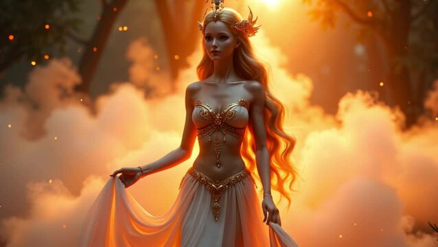 Enchanting woman in golden attire radiating confidence in a mystical forest, Virgo zodiac sign