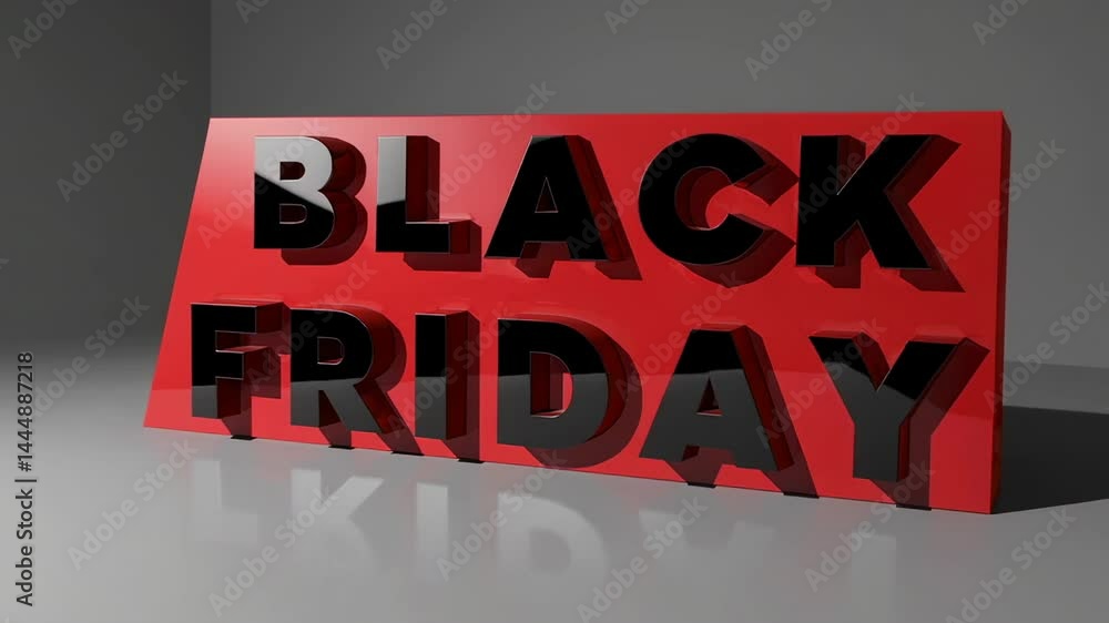 Poster Glossy red panels with embossed black text spelling black friday rotate slightly, casting reflections on a white surface, emphasizing the shopping event