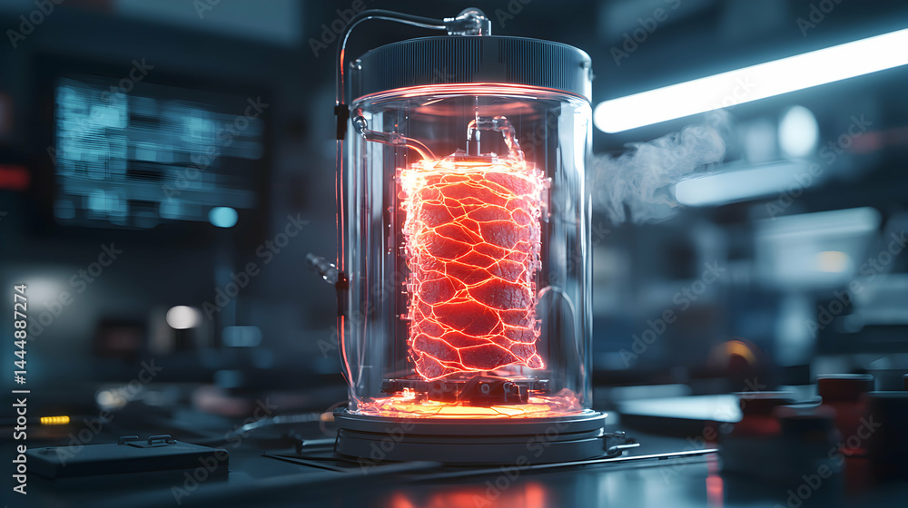 Poster a futuristic sci-fi scene shows a glowing energy core contained in a transparent cylinder. it could 