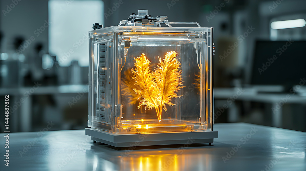 Poster a futuristic lab experiment. inside a transparent cube a golden plant is illuminated. this could rep
