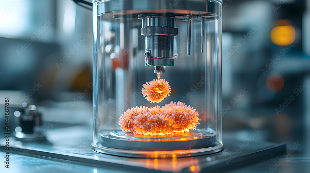 Aufkleber an image of a 3d printer creating biological structures. application: bio-fabrication drug developme