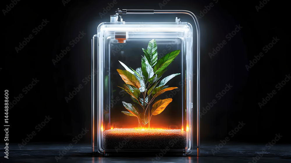 Poster a plant is encapsulated in a futuristic transparent container. could be used to showcase a prototype