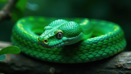 Fototapeta premium Sleek emerald snake, scales brilliantly luminescent , jungle, smooth