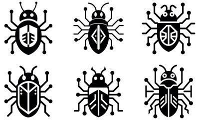 Fototapeta premium Cyber Bug Vector Icons Set – Tech Insect Symbols for Malware, Circuitry, Security