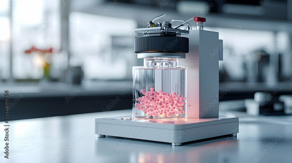 Poster a modern scientific apparatus containing pink spherical objects is used. the device appears to be in