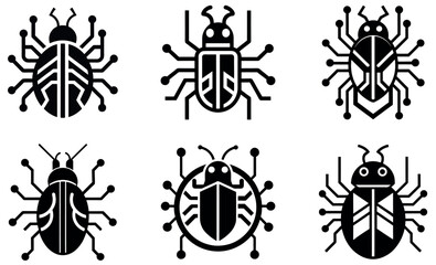 Fototapeta premium Cyber Bug Vector Icons Set – Tech Insect Symbols for Malware, Circuitry, Security