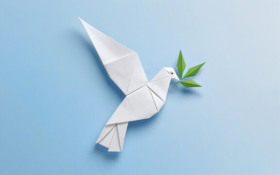 origami dove of peace with a twig in its beak, concept world peace, stop war